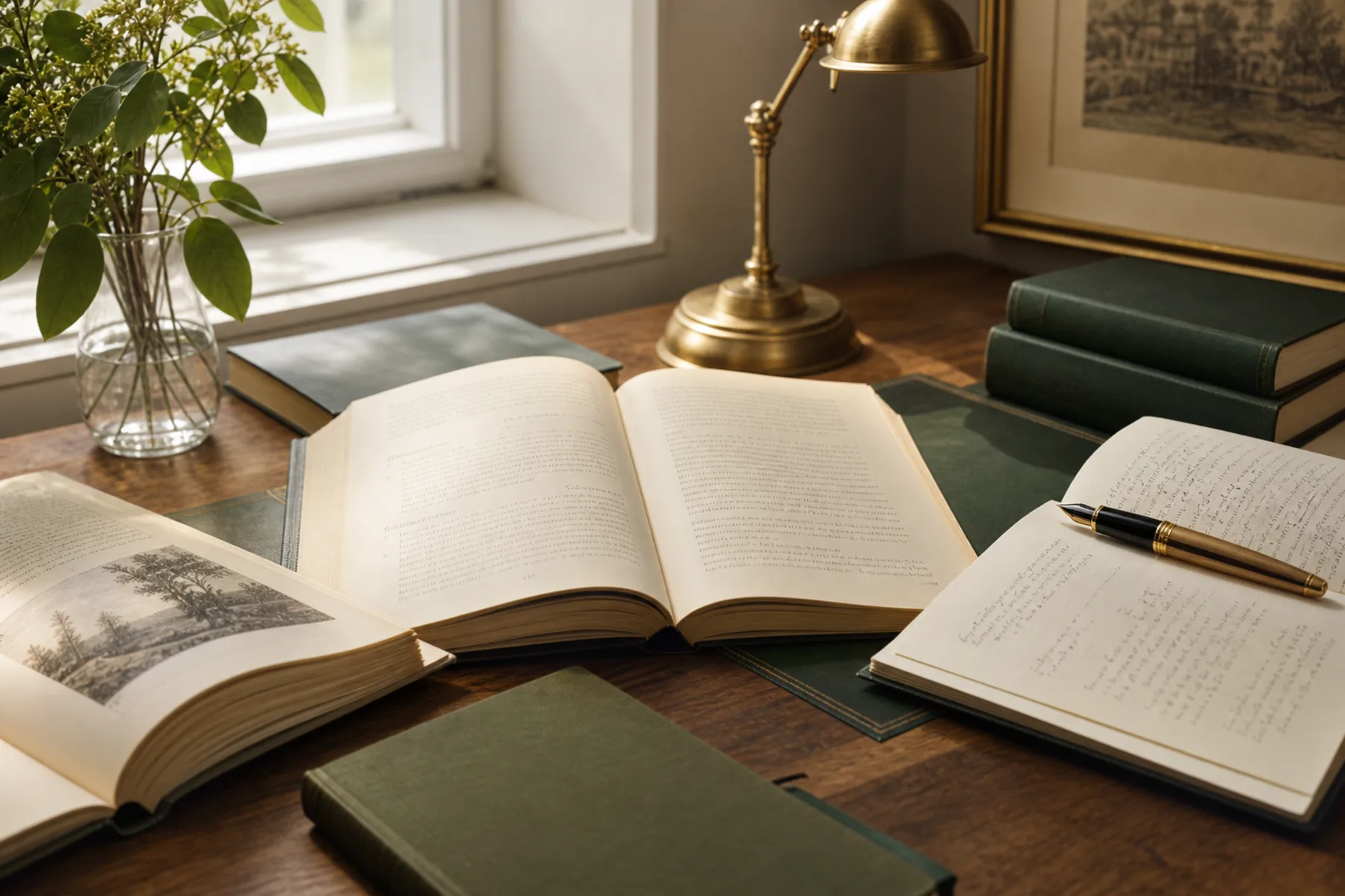 A warm study desk with open books, handwritten notes, and a brass lamp